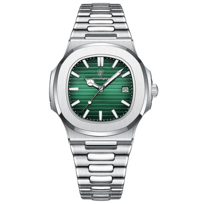 Een stijlvol Herenstijl Elegance horloge met een groene wijzerplaat en zilverkleurige accenten. Het tijdloze ontwerp, gecombineerd met een robuuste roestvrijstalen band en een handige datumaanduiding, maakt de Herenstijl Elegance het perfecte elegante accessoire voor elke gelegenheid.