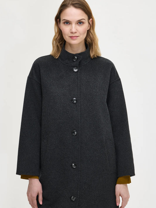 Dames Mantel Zwart | Hoge Kraag | Enkelrij Knopen | Winterjas
