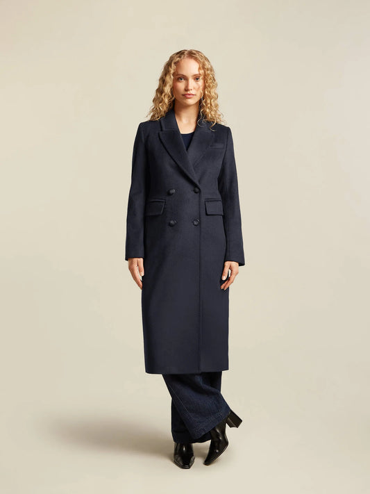 Dames Lange Mantel | Donkerblauw | Dubbele Knopen | Klassiek