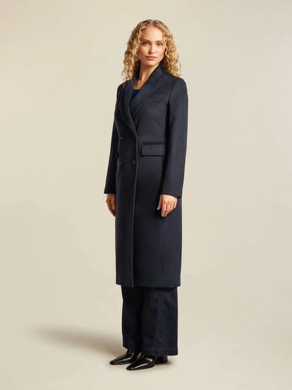 Dames Lange Mantel | Donkerblauw | Dubbele Knopen | Klassiek