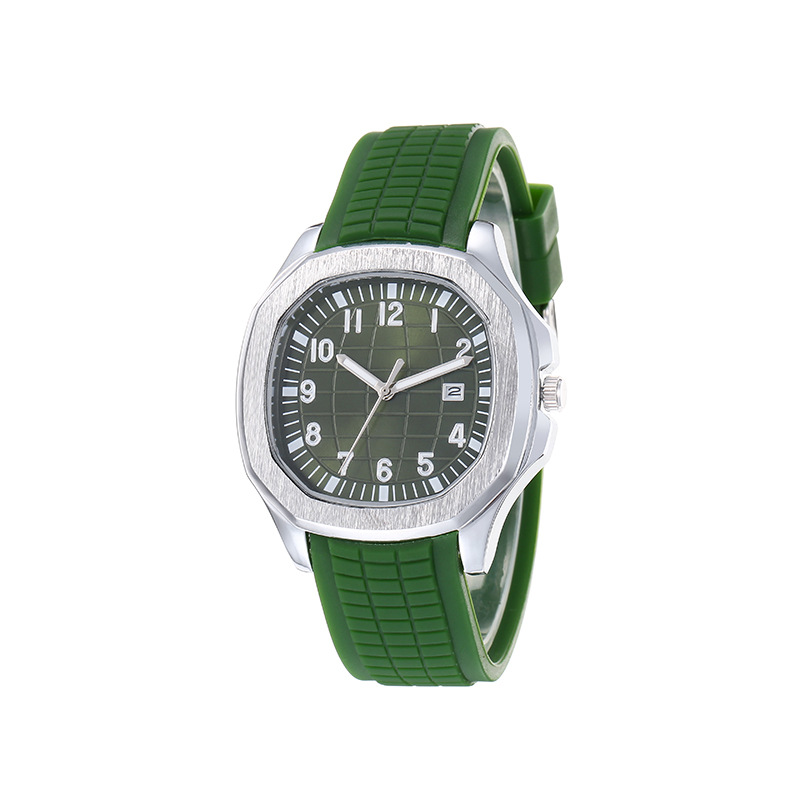 Een robuust TijdMeester Elite herenhorloge met een groene wijzerplaat en bijpassende siliconen band. Het stijlvolle en functionele ontwerp biedt een moderne look met een duidelijke tijdsaanduiding en handige datumaanduiding, ideaal voor dagelijks gebruik