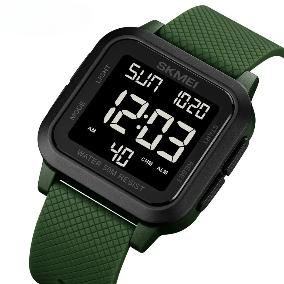 Een veelzijdig TijdMeester Elite herenhorloge met een digitaal display, een robuuste zwarte kast en een comfortabele groene siliconen band. Het functionele ontwerp biedt waterdichtheid tot 50 meter, tijdweergave, dagindicatie en een alarmfunctie, perfect voor een actieve levensstijl.