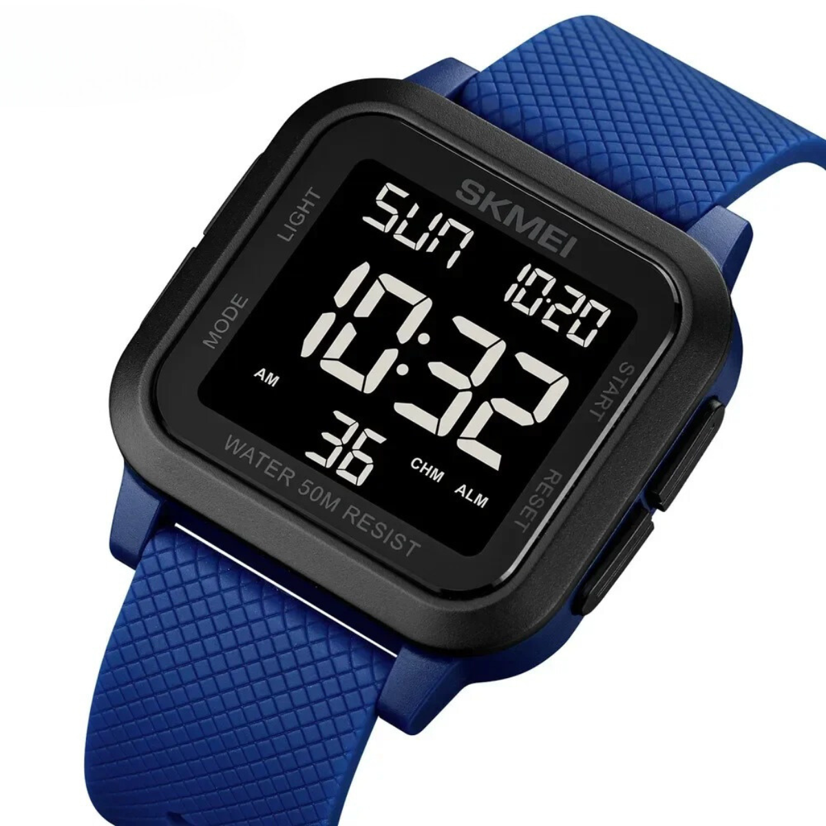 Een modern TijdMeester Elite herenhorloge met een digitaal display, een zwarte kast en een comfortabele blauwe siliconen band. Dit stijlvolle en functionele horloge biedt waterdichtheid tot 50 meter, tijdweergave, dagindicatie en een handige alarmfunctie, ideaal voor dagelijks gebruik en sportieve activiteiten.