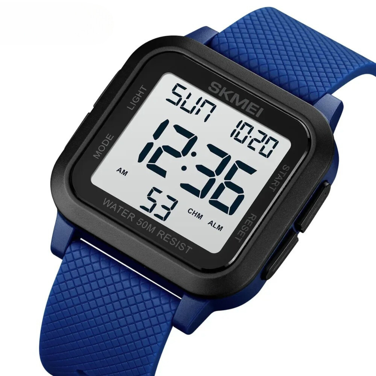 Een modern TijdMeester Elite herenhorloge met een digitaal display, een zwarte kast en een comfortabele blauwe siliconen band. Dit functionele horloge is waterdicht tot 50 meter en biedt functies zoals tijdweergave, dagindicatie en een alarmfunctie, ideaal voor een actieve en stijlvolle levensstijl.