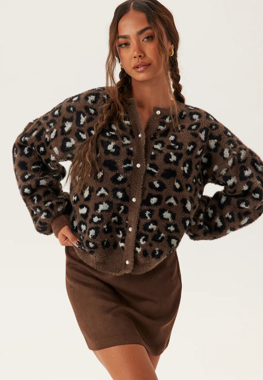 Dames Cardigan | Bruin Zacht Vest | Panterprint | Lange Mouwen