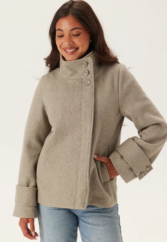 Dames Jas | Grijs | Wolmix | Hoge Kraag met Knopen | Elegante Winterjas