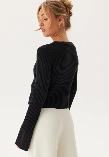 Gebreide Cardigan Dames | Zwarte Ribstof Met Striksluiting | Lange Mouwen