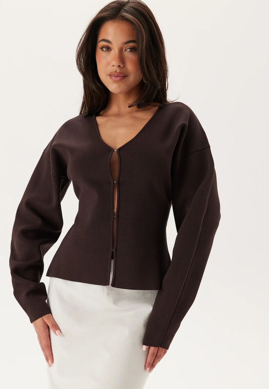 Donkerbruine Scuba Top | V-Hals Blouse van Polyester Blend | Lange Mouwen Dames