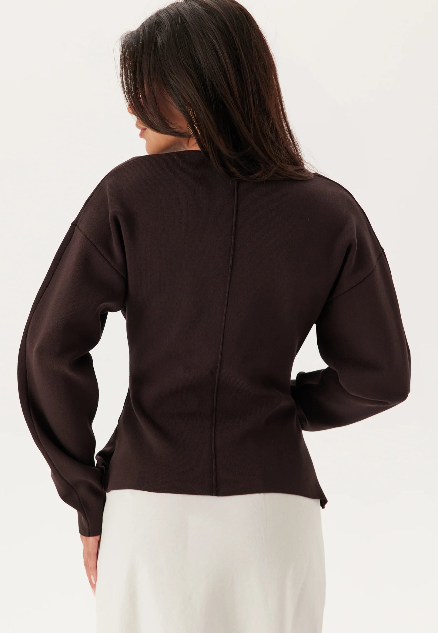 Donkerbruine Scuba Top | V-Hals Blouse van Polyester Blend | Lange Mouwen Dames