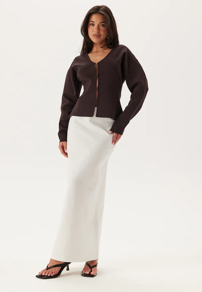 Donkerbruine Scuba Top | V-Hals Blouse van Polyester Blend | Lange Mouwen Dames