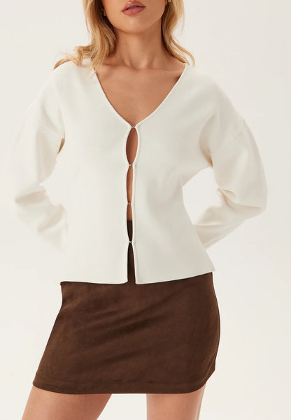 Witte Scuba Top | V-Hals Blouse van Polyester Blend | Lange Mouwen Dames